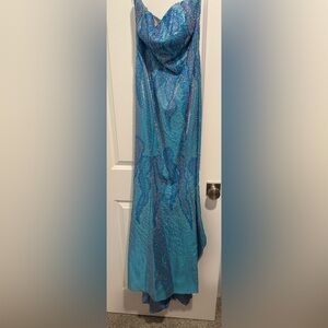 Riva Designs strapless Turquoise swirl prom dress with bustle